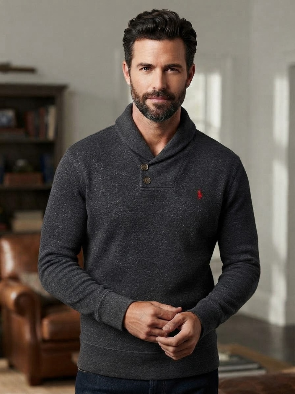 Ralph Lauren Dark Gray Shawl Collar Knit Shirt with Red Pony